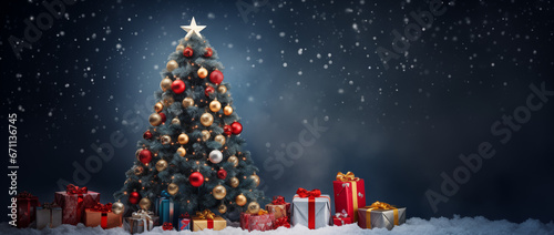 A festive panorama capturing the essence of Christmas—a beautifully adorned tree with numerous ornaments, set against a serene blue winter background, accented by gently falling snow.