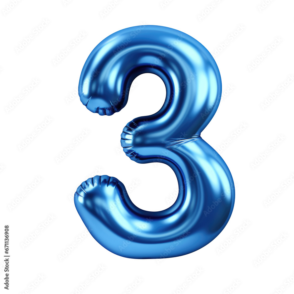 blue metallic 3 number balloon Realistic 3D on white background. blue metallic 3 number balloon Realistic 3D on white background.