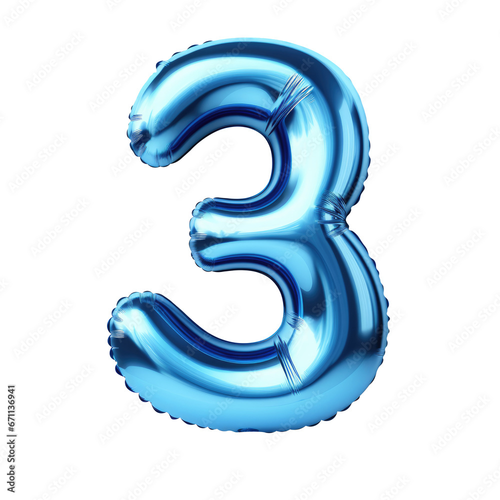blue metallic 3 number balloon Realistic 3D on white background. blue metallic 3 number balloon Realistic 3D on white background.