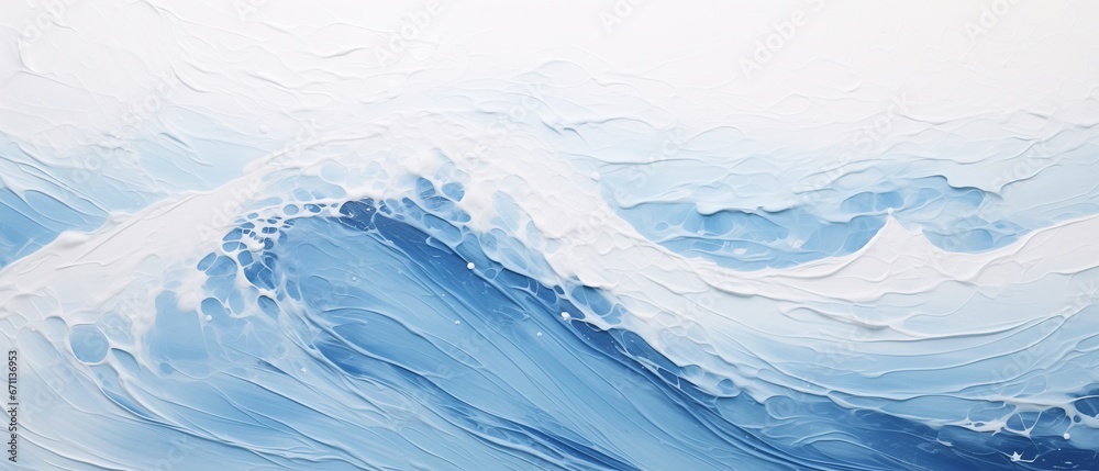 Minimalist turbulent ocean waves painting in titanium white and light blue hues, thick impasto palette knife style, fine canvas and brush stroke detail.