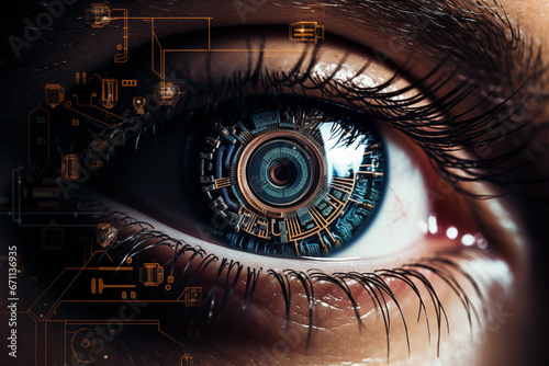A captivating close-up of a futuristic implanted eye, showcasing advanced technology with intricate details and a hint of cybernetic elegance