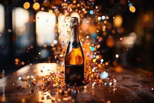 Champagne explosion. Celebration new year 2024 with blurred background  photo