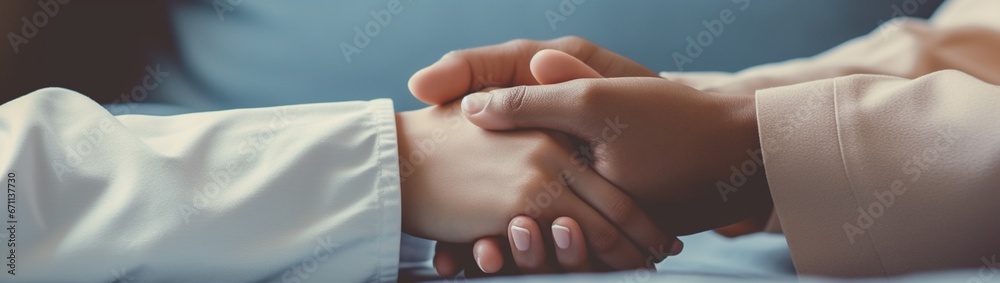 Close up of biracial female psychologist therapist hands holding palms of millennial woman or teenage girl patient client talking consulting helping accept difficult situation.