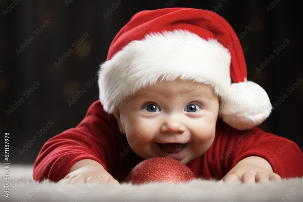 Adorable Baby Boy Wearing Santa Claus Costume, Holding Christmas Ball on Carpet. Beautiful Christmas for Children, New Year Celebration. Adorable Baby Boy Wearing Santa Claus Costume, Holding Christmas Ball on Carpet. Beautiful Christmas for Children, New Year Celebration.