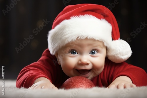 Adorable Baby Boy Wearing Santa Claus Costume, Holding Christmas Ball on Carpet. Beautiful Christmas for Children, New Year Celebration.