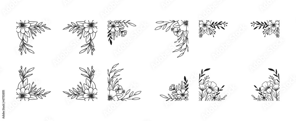 Set of Hand drawn flowers and leaves square border outline floral arrangement Set of Hand drawn flowers and leaves square border outline floral arrangement