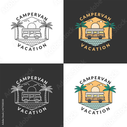 beach and campervan badge monoline or line art style vector illustration