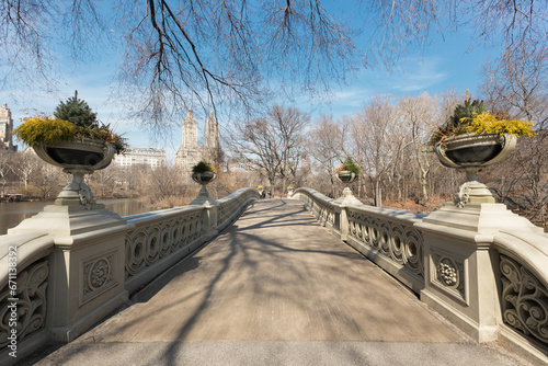 On a clear, sunny winter morning at the Bow Bridge in Central Park, Manhattan, New York photo