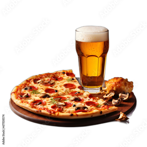 Beer and pizza isolated on transparent or white background, png