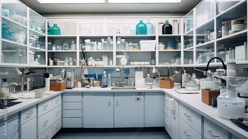 A clean and organized lab space with labeled containers and orderly ...