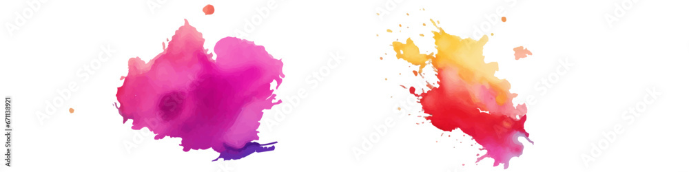 Bright colorful watercolor splash splatter stain brush strokes on white background. Modern vibrant aquarelle spot. Rainbow trendy isolated design on white. Element. Vector watercolor illustration.