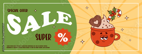 Christmas promotion discount sale. Coupon banner with retro red cup cocoa. 60 -70s vibes groovy character. Horizontal vector poster festive decoration for Merry Christmas and New Year.