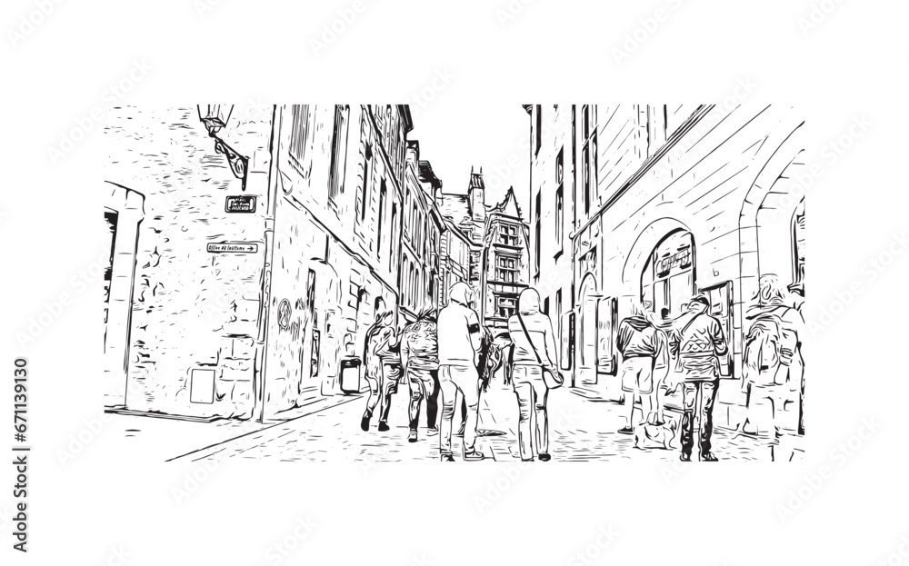 Fototapeta premium Building view with landmark of Sarlat la Caneda is the commune in France. Hand drawn sketch illustration in vector.