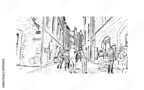Building view with landmark of Sarlat la Caneda is the commune in France. Hand drawn sketch illustration in vector.