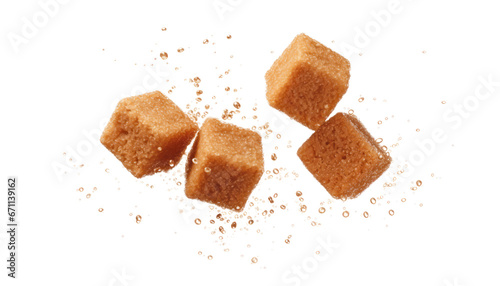 flying brown sugar cubes isolated on transparent background cutout