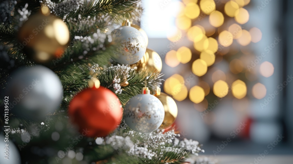 Merry Christmas and Happy New Year. Festive bright beautiful background. Decorated Christmas tree on blurred background. de-focused lights, gold bokeh