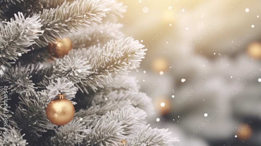 Merry Christmas and Happy New Year. Festive bright beautiful background. Decorated Christmas tree on blurred background. de-focused lights, gold bokeh