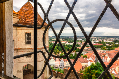Panoramic view of Landshut from Trausnitz castle. Old town and cathedrals, architecture, roofs of houses, streets landscape, Landshut, Germany. 