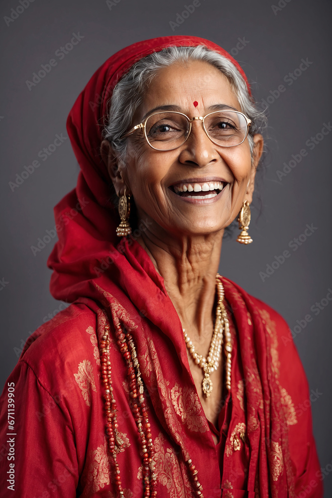 Portrait of a smiling senior Indian woman wearing red sari and glasses Portrait of a smiling senior Indian woman wearing red sari and glasses