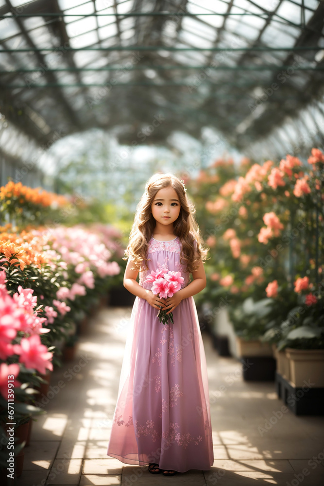 Cute little girl in pink dress with bouquet of flowers in greenhouse