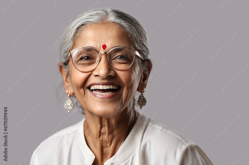 Happy elderly Indian woman in white outfit, classic glasses, laughing in photo studio close-up