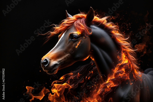 Fiery portrait of a horse with fire on a black background. © Юлия Васильева