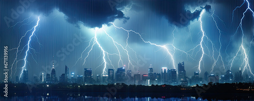 Lightning storms or striking over night city in blue light.