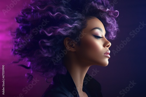 portrait of a woman with curly purple hair