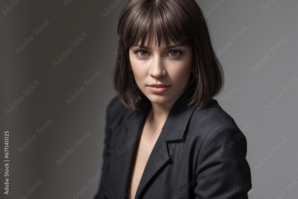 Beautiful woman portrait in black stands on a gray background Beautiful woman portrait in black stands on a gray background