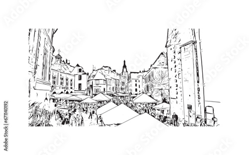 Building view with landmark of Sarlat la Caneda is the commune in France. Hand drawn sketch illustration in vector.