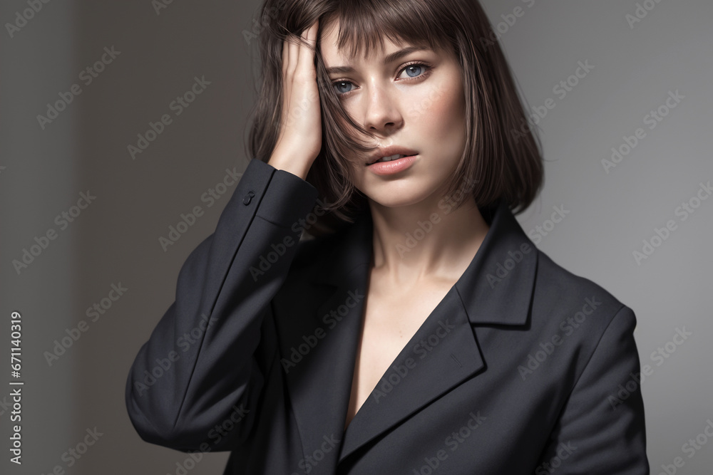 Beautiful woman portrait in black stands on a gray background Beautiful woman portrait in black stands on a gray background