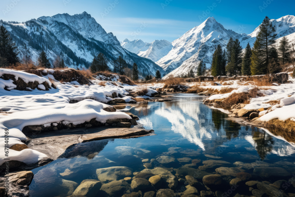 Alpine peaks mirrored on hot springs shrouded in a snowy canvas 