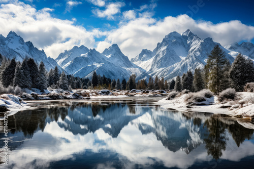 Alpine peaks mirrored on hot springs shrouded in a snowy canvas  © fotogurmespb