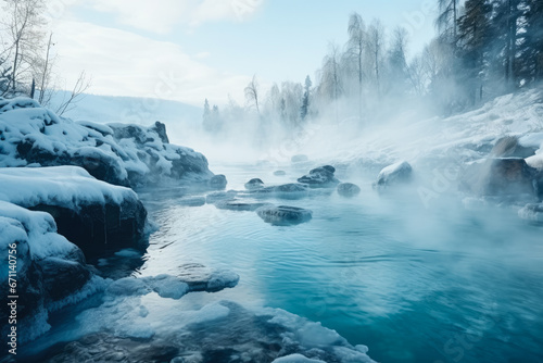 Icy wilderness with steamy thermal springs background with empty space for text 