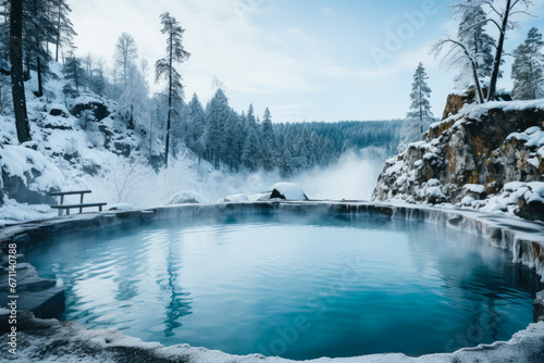 Hot springs juxtaposed with snowy settings background with empty space for text  © fotogurmespb
