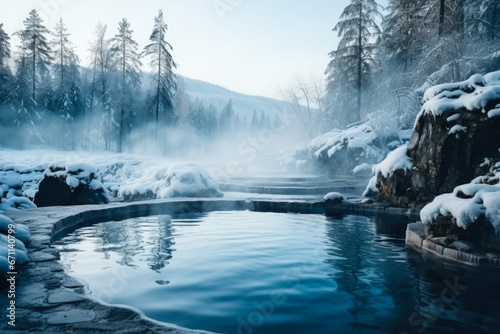 Misty winter hot springs enveloped in frost background with empty space for text 