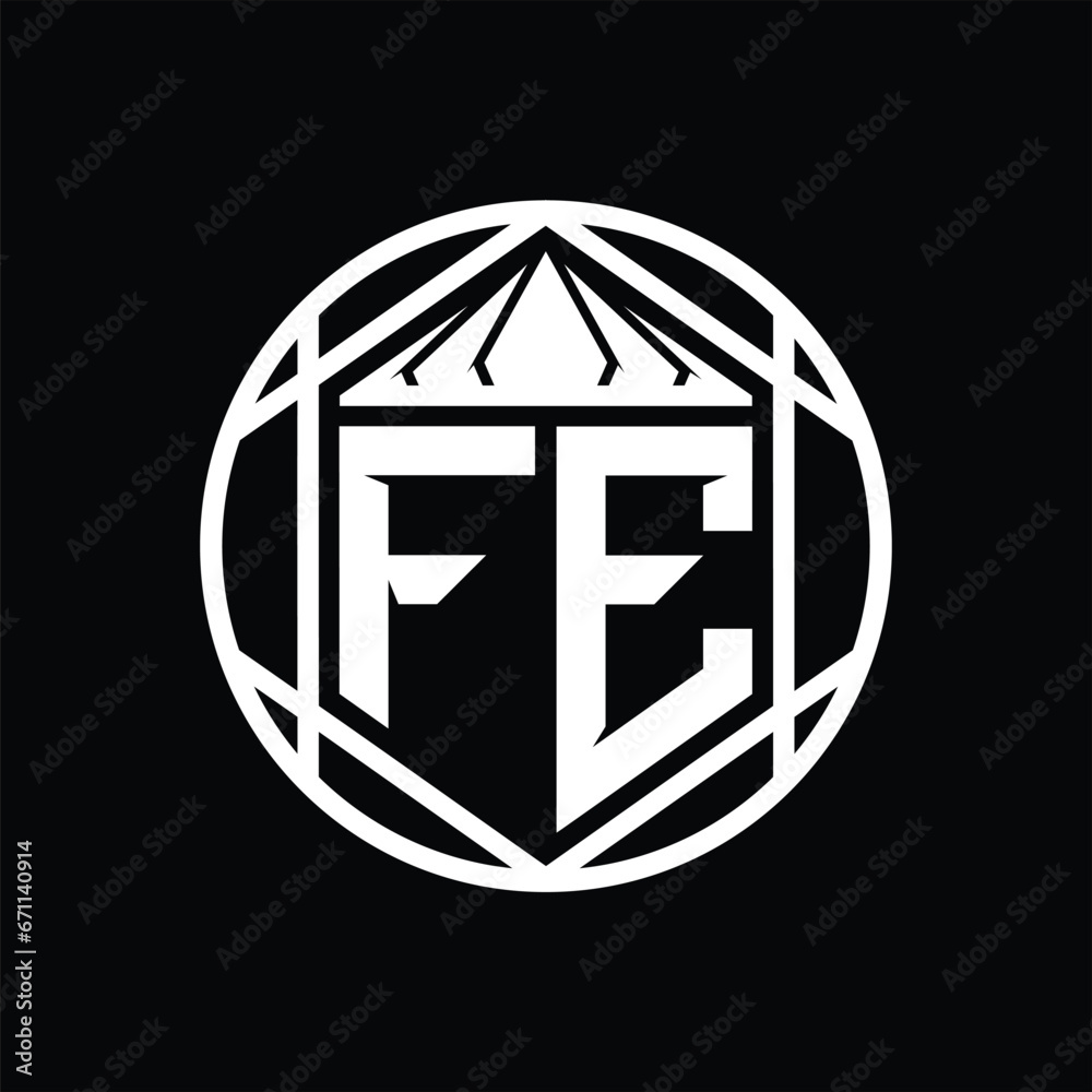 FE Letter Logo monogram hexagon slice crown sharp shield shape isolated circle abstract style design FE Letter Logo monogram hexagon slice crown sharp shield shape isolated circle abstract style design
