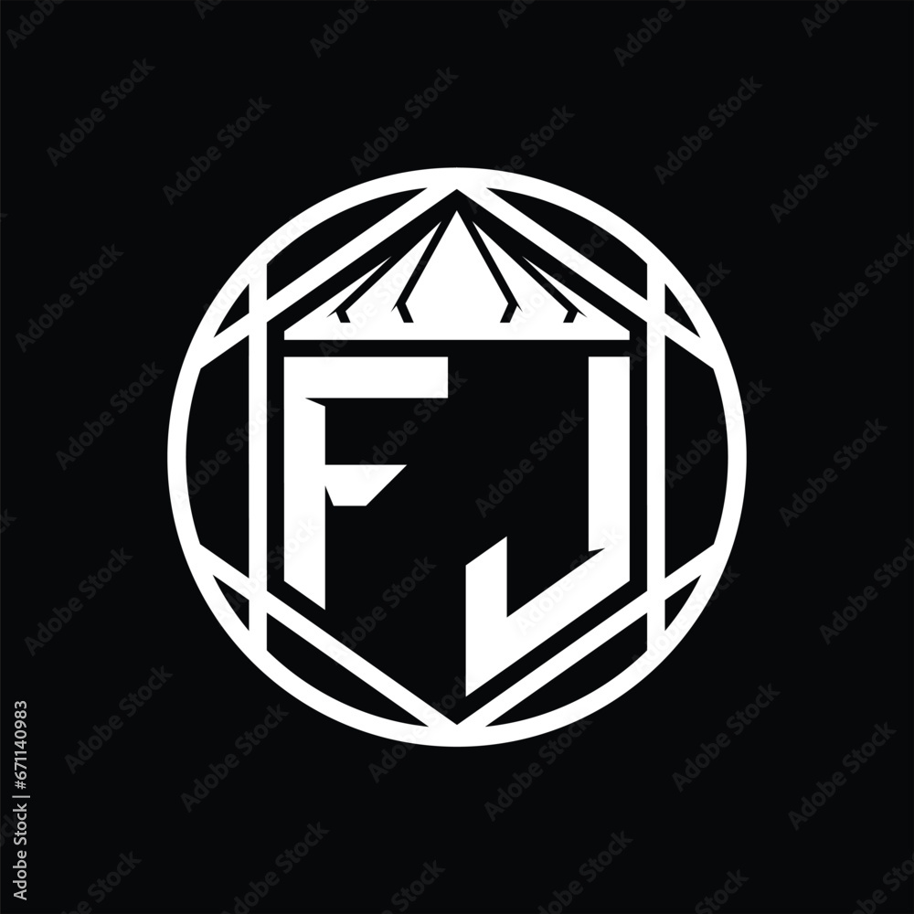 FJ Letter Logo monogram hexagon slice crown sharp shield shape isolated circle abstract style design FJ Letter Logo monogram hexagon slice crown sharp shield shape isolated circle abstract style design