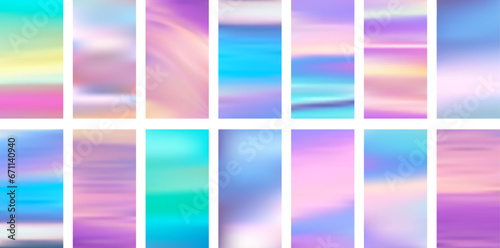 Set of colorful hologram banner. Abstract holographic wavy gradient mesh color backgrounds.