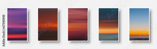 Set of colorful paper sunset and sunrise sea cards. Abstract blurred textured gradient mesh color backgrounds.