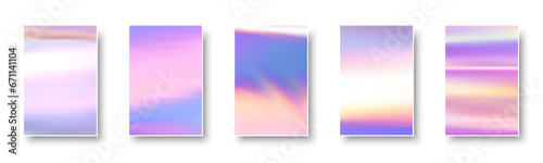 Set of colorful hologram paper card. Abstract holographic wavy gradient mesh color backgrounds.