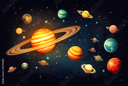 Cartoon solar system  galaxy illustration  space background with planets  children s book illustration