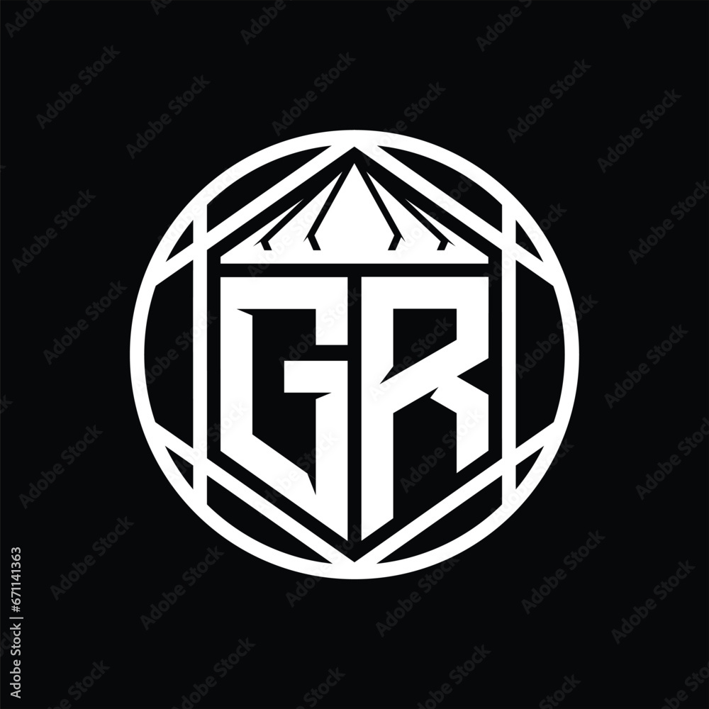 GR Letter Logo monogram hexagon slice crown sharp shield shape isolated circle abstract style design GR Letter Logo monogram hexagon slice crown sharp shield shape isolated circle abstract style design