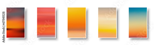 Set of colorful paper sunset and sunrise sea cards. Abstract blurred textured gradient mesh color backgrounds.