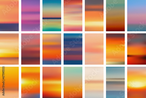 Set of colorful sunset and sunrise sea banners. Abstract blurred textured gradient mesh color backgrounds.