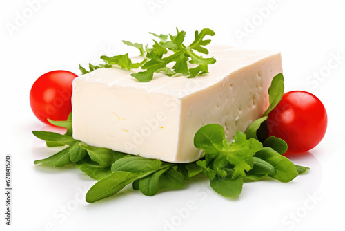 A piece of Maasdam cheese with tomato and green leaves of salad isolated on white background