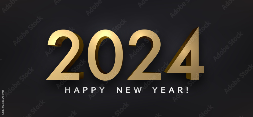New Year 2024 3d golden shiny numbers for calendar on black background. New Year 2024 3d golden shiny numbers for calendar on black background.