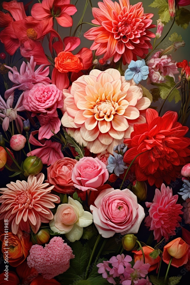 Vibrant Bouquet of Dahlias and Roses in Full Bloom
