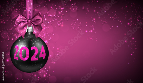Realistic Christmas black ball with magenta satin ribbon and a bow, placed on bright background with light particles and 2024 lettering.