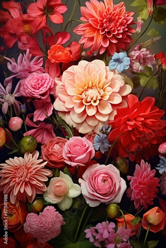 Vibrant Bouquet of Dahlias and Roses in Full Bloom